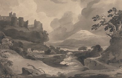 Paysage de montagne avec ruines de château sur une falaise - John Varley