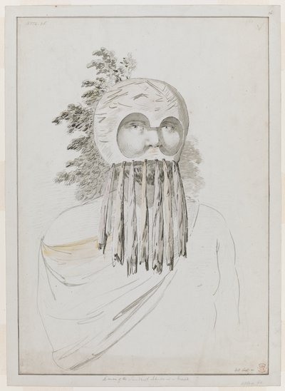 Un homme des îles Sandwich avec un masque. Un homme des îles Sandwich avec un masque consistant en une coiffe en bol avec des découpes pour les yeux. - John Webber