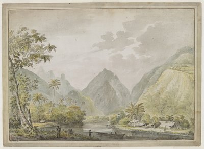 Vue en amont de la rivière Vaitepiha avec deux Tahitiens dans un canoë au premier plan, et deux autres sur la rive. Maisons tahitiennes à droite. Août 1777 - John Webber