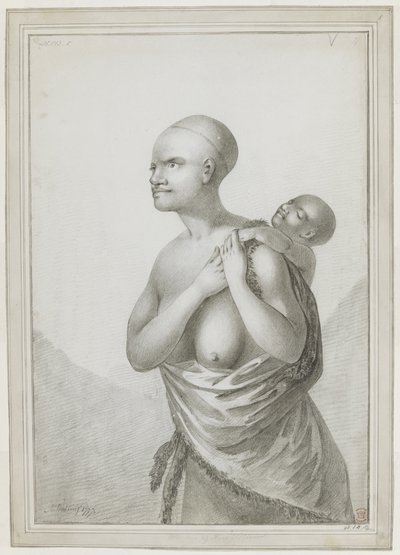 [Dessin entier] Une femme tasmanienne portant un enfant sur son dos, avec une peau en bandoulière de son épaule gauche autour de sa taille. Janvier 1777 - John Webber