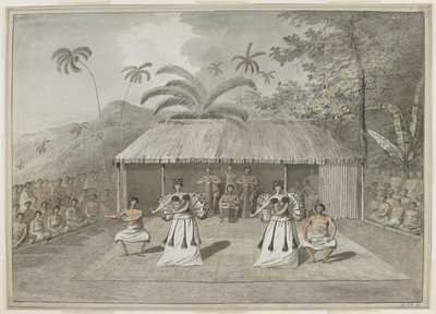 [Dessin complet] Une danse ou heiva à Otaheite [Tahiti]. Deux hommes et deux femmes dansant, avec des batteurs derrière, et des spectateurs de chaque côté. Septembre 1777 - John Webber