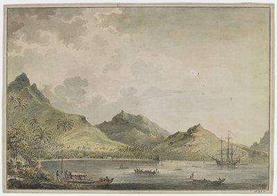 [Dessin complet]. Une vue du port de Huahine [Fare Harbour] avec des montagnes en arrière-plan, y compris le mont Turi. Dans la baie se trouve le 