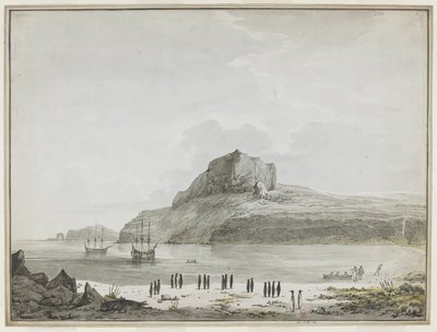 Vue du port de Noël, île Kerguelen, avec le Discovery et le Resolution à l
