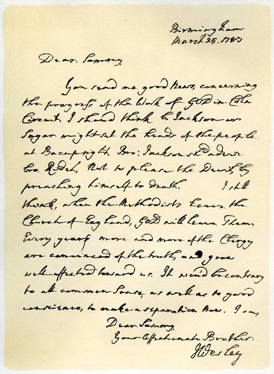 Lettre de John Wesley à Samuel Bradburn, 25 mars 1783 - John Wesley