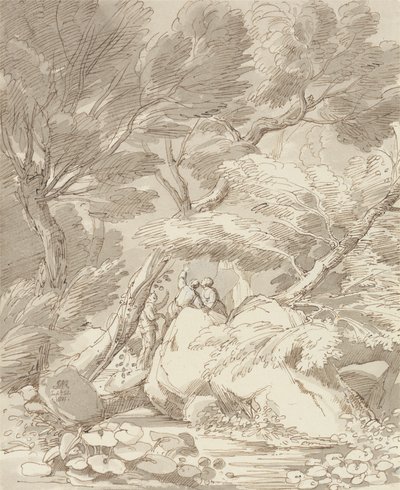 Figures sur une rive rocheuse à Canonteign, Devon - John White Abbott