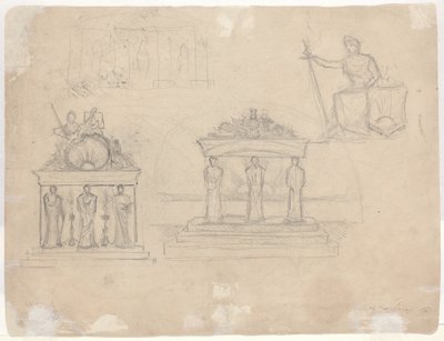 Études de façades de temples classiques et figure féminine assise - John William Casilear