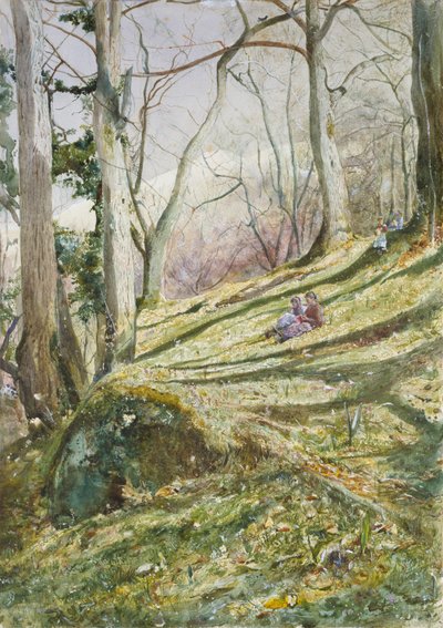 Pente boisée avec quatre figures, milieu XIXe siècle - John William Inchbold