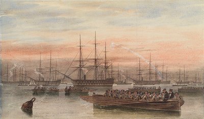 La flotte baltique la nuit avec des bateaux au premier plan - John Wilson Carmichael