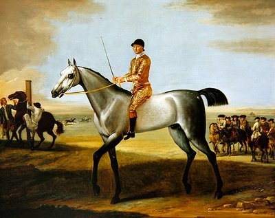 Le célèbre cheval de course gris du duc de Rutland, Coneyskins, avec jockey sur Newmarket Heath - John Wootton
