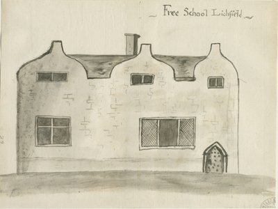 Lichfield - École de grammaire : dessin au lavis sépia - John Wright