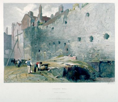 Vue de Tower Postern et du mur de Londres avec des hommes creusant, City of London, 1851 - John Wykeham Archer