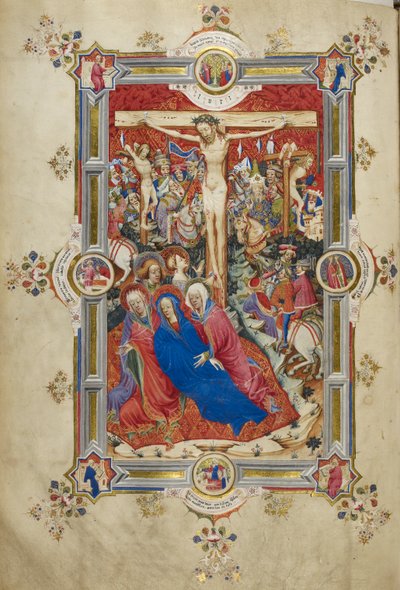 La Crucifixion, introduisant le Canon de la Messe. Christ sur la croix, flanqué de voleurs, Vierge évanouie soutenue par des femmes et Saint Jean, Madeleine au pied de la croix. Foule de spectateurs montés en habits contemporains, y compris Longinus, avec  - John and Siferwas John (fl. 1380–1421 Whas
