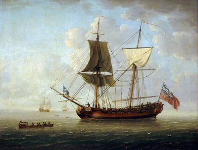Une brigantine britannique, portant le drapeau rouge et l