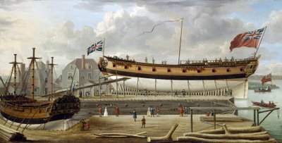 Un navire de sixième rang, un navire de guerre de la Royal Navy britannique, en cale sèche, probablement dans le chantier naval de Rotherhite, sur la rive sud de la Tamise - John the Elder Cleveley