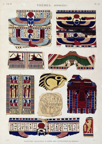 Illustrations de motifs peints des enveloppes des momies, Hypogées, Thèbes, planche 58 du Vol II de 