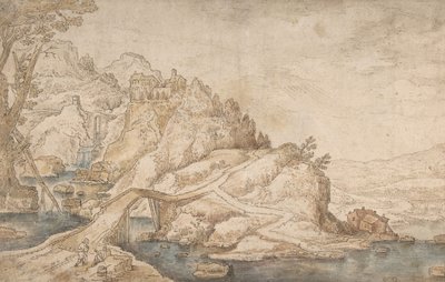 Paysage Vallonné avec Rivière, Pont et Maisons avec Deux Personnages à Gauche - Joos de Momper the Younger.
