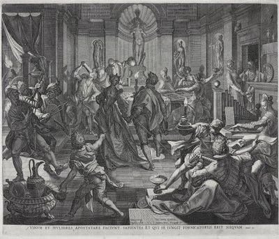 Une maison de mauvaise réputation, gravée par Johannes Sadeler I - Joos or Jodocus van (after) Winghe