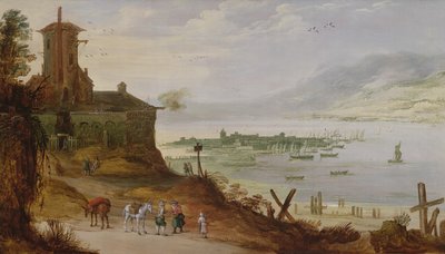 Ville sur une colline surplombant un port - Joos or Josse de Momper