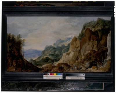 Paysage montagneux panoramique avec des compagnons donnant aux pauvres, chevaux de bât au-delà - Joos or Josse de The Younger Momper