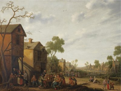 Scène de village avec des paysans mangeant et buvant à l