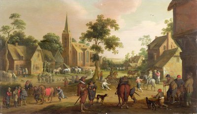 Voyageurs, mendiants et maquignons dans un village - Joost Cornelisz. Droochsloot