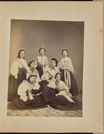 [Portrait de groupe de femmes portant des couronnes et des écharpes]. - Jordan H. Abbott