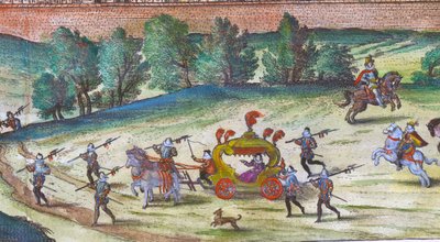 Arrivée de la reine Élisabeth I à Nonesuch Palace avec ses courtisans, gardes et chiens, 1598 (détail) - Joris Hoefnagel