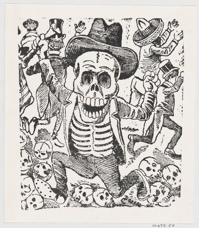 Un squelette tenant un os et sautant par-dessus un tas de crânes tandis que les gens fuient, vers 1907 - José Guadalupe Posada