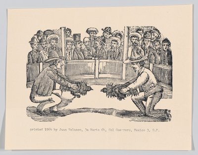 Deux hommes dans une arène tenant des coqs en préparation pour un combat, vers 1890-1910 réimprimé 1964 - José Guadalupe Posada