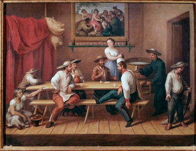Une pulqueria. Taverne en Amérique du Sud, des clients attablés boivent du pulque (boisson alcoolisée traditionnelle mésoaméricaine) - Jose Agustin Arrieta