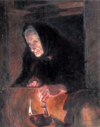 Vieille dame avec la lampe à huile. Peinture de Jose BENLLIURE ORTIZ (1884-1916) Huile sur toile. Valence. Musée des Beaux-Arts San Pio V. - Jose Benlliure Ortiz