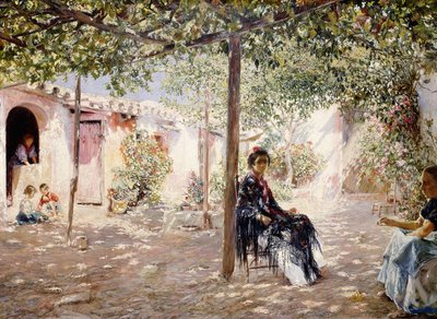 Dames dans une cour ensoleillée - Jose Gallegos Arnosa