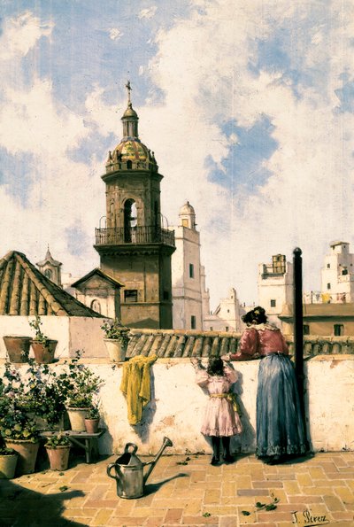 Terrasse sur le toit à Cadix. Une mère et sa fille arrosant probablement les plantes avec un arrosoir au milieu de la terrasse. Peinture de José Pérez Siguimboscum (19ème siècle), fin 19ème siècle. Cadix, Museo Provincial de Cadiz - Jose Perez Siguimboscum