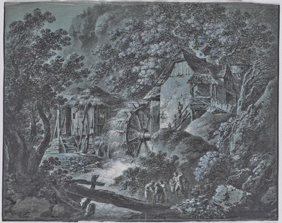 Moulin dans un paysage forestier avec plusieurs personnes et un géant - Josef Abel