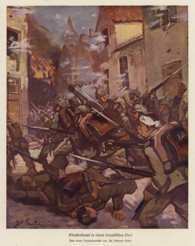 Bataille de rue dans un village français, Première Guerre mondiale (lithographie en couleur) - Josef Andreas Sailer