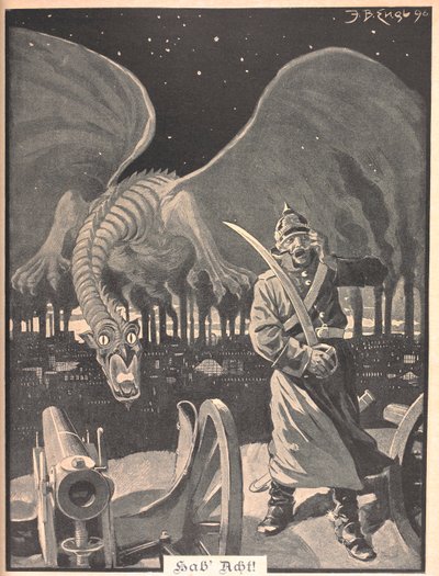 Dessin pour le poème "Comme la nuit". Un dragon produit par la fumée des usines, derrière un soldat allemand. Une scène surréaliste - Josef Benedikt engl