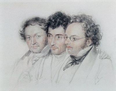 De gauche à droite, amis des compositeurs Johann Baptist Jenger (1793-1856), Anselm Huttenbrenner (1794-1868) et Franz Schubert (1797-1828), pastel de Josef Teltscher - Josef Eduard Teltscher