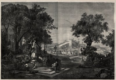Grèce antique : vue des jardins de Vénus à Athènes. Gravure d