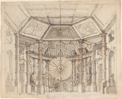 Décor de scène pour un temple à dôme avec un disque solaire au-dessus de l