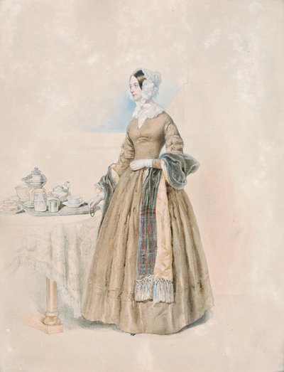 Portrait de la princesse Léopoldine Caroline Palffy, née comtesse Kaunitz-Rietberg (épouse du troisième prince Anton Karl Palffy), debout à une table à thé dressée - Josef Kriehuber