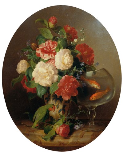 Bouquet de fleurs avec bocal à poissons rouges - Josef Lauer
