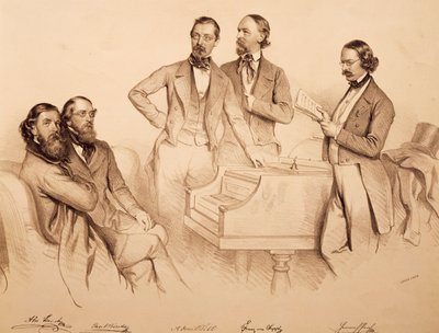 Portrait de groupe de musiciens viennois et compositeur: Franz von Suppé, Carl Binder, Anton Storch, Heinrich Proch et Anton Emil Titl - Josef Nikolaus Kriehuber