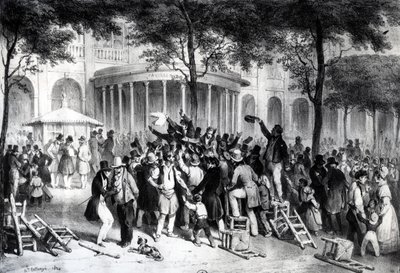 Lecture des décisions publiées dans le journal Moniteur dans les jardins du Palais Royal à Paris, le 26 juillet - Joseph Louis Hippolyte Bellange