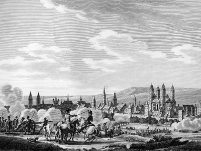 Révolution française et mouvement anti-révolutionnaire prussien : Capture de la ville de Spire (Speyer en allemand) en octobre 1792, Allemagne. Gravure par Berthaut d