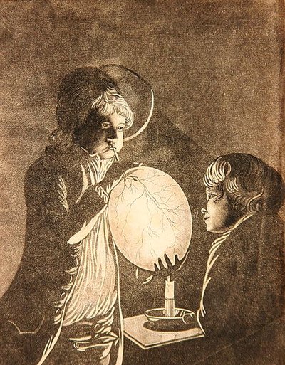 Deux garçons soufflant une vessie à la lumière des bougies, aquatinte par Peter Perez Burdett - Joseph (after) Wright of Derby