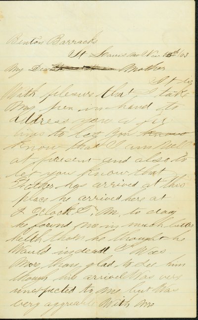 Lettre signée Joseph A. Fardell, Benton Barracks, St. Louis, Mo., à Mère, 12 novembre 1863 - Joseph A. Fardell
