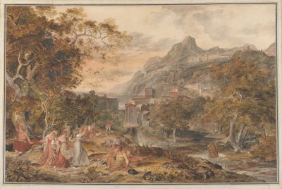 Vue de Vietri avec des jeunes femmes dansant pour des bergers au premier plan - Joseph Anton Koch