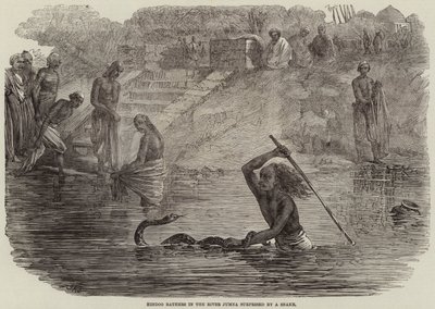 Baigneurs hindous dans la rivière Jumna surpris par un serpent - Joseph Austin Benwell