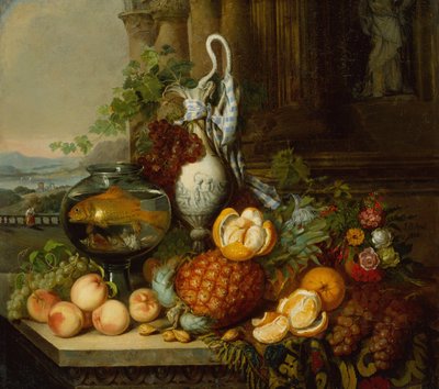 Nature morte avec fruits, bocal à poissons et paysage - Joseph Biays Ord