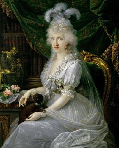 French : Marie Luise (Ludovica) de Naples-Sicile (1773-1802), épouse de Ferdinand III de Toscane, assise à une table, genou à terre Luisa Maria Amelia Teresa of Naples and Sicily, Princess of Naples and Sicily (1773-1802), Grand Duchess Consort of - Joseph Dorffmeister
